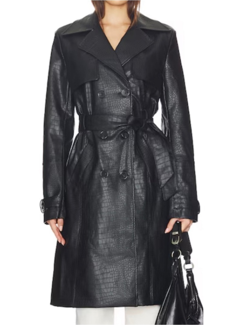 . Superdown Black Faux Leather Animal Print Button Up Belted Trench Coat